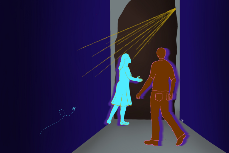 In this promotional drawing, two people are walking through a door; light is shining from the sky as seen through the door.