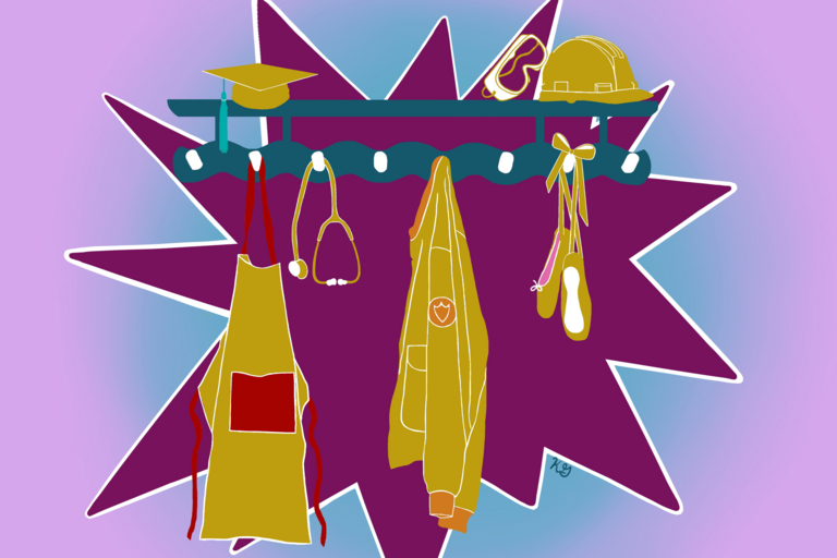 Work accoutrements from workers in various fields are displayed hanging on a rack bin this promotional drawing.