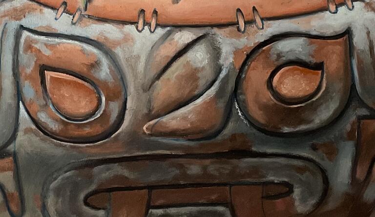 A realistic painting of a Mesoamerican stone carving of a deity's face. The face has teardrop-shaped eyes and curved tusklike fangs emerging from its lips.