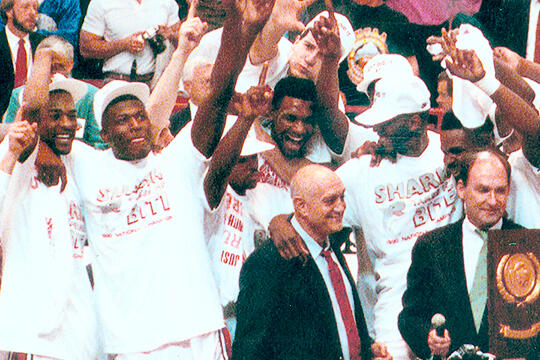 Jerry Tarkanian and team celebrates championship victory in 1990