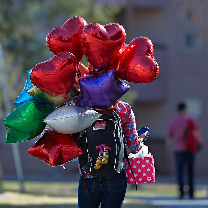 A student walks back to the dorms with her gifts in tow.
