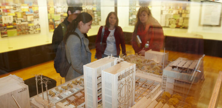 Students view a building model