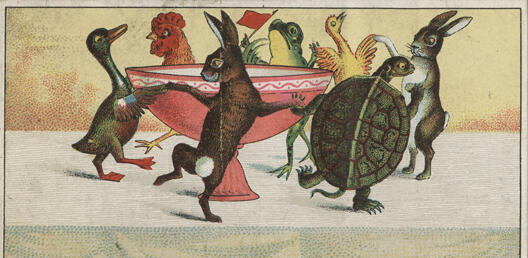 A painting of various birds and animals dancing a jig around the serving dish.