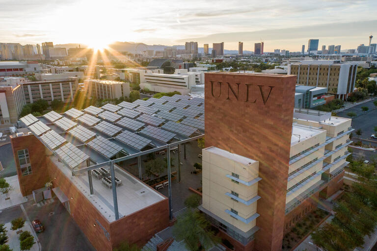 view of UNLV building and Las Vegas skyline