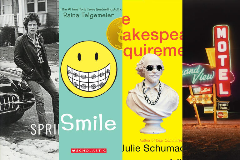 Collage of book covers Born to Run, Smile, The Shakespeare Requirement and Vanishing Vernacular