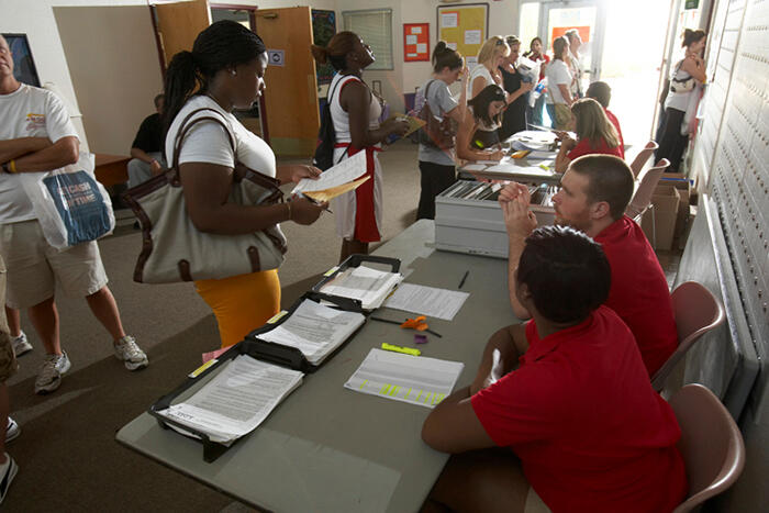 Students checking in during move in day.