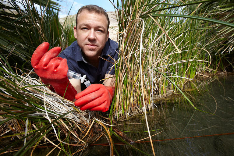 Brian Hedlund sampling water in a spring.