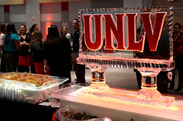 UNLV ice statue shown at holiday reception.