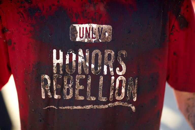 Close up shot of the &quot;UNLV Honors Rebellion&quot; t-shirt.