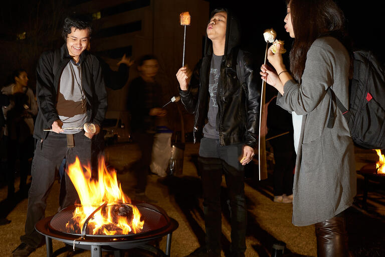 students roast marshmellows on campfire