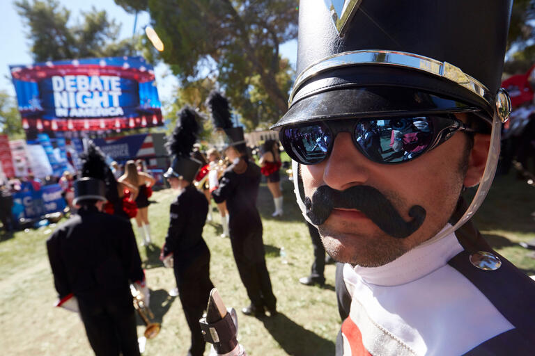 Close up photo of UNLV band member outside at a Presidential Debate event.
