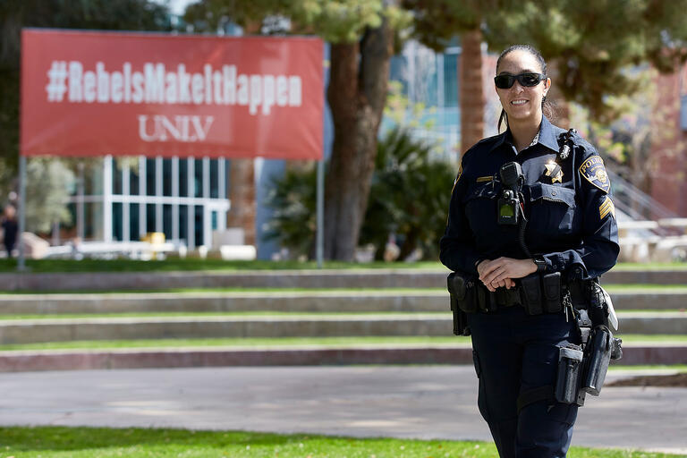 Sergeant Toni Summerlin, on patrol during the coronavirus campus closure.