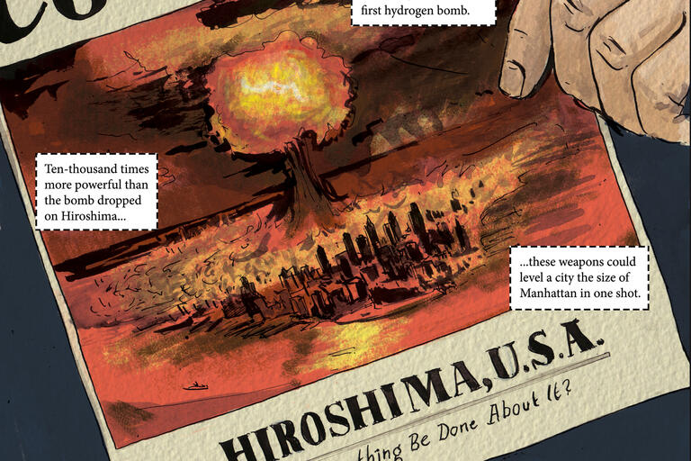 An illustration of a newspaper cover featuring the Hiroshima bombing
