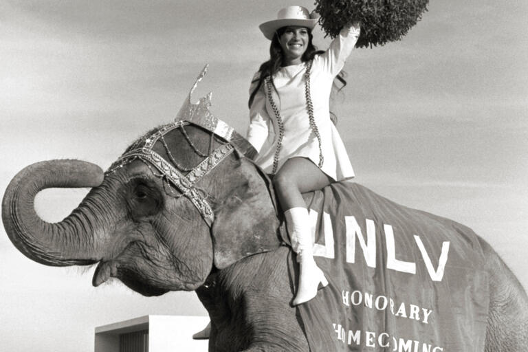 A woman in a white dress and white boots rides an elephant festooned with a tiara and UNLV-emblazoned blanket.