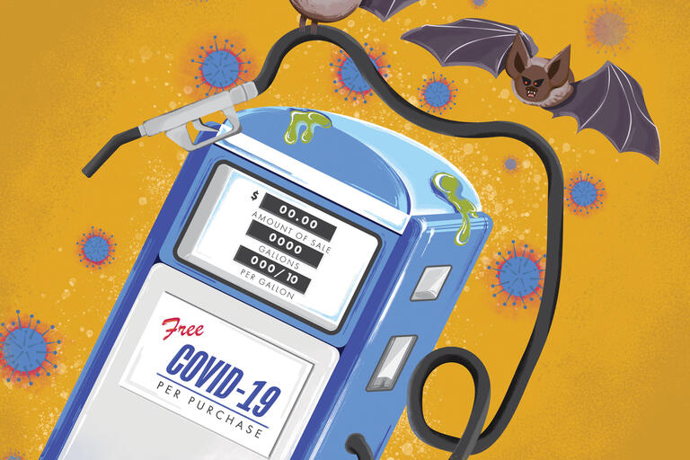 illustration of gas pump with bats flying around