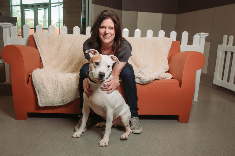 A woman sits on a couch holding on to a large dog