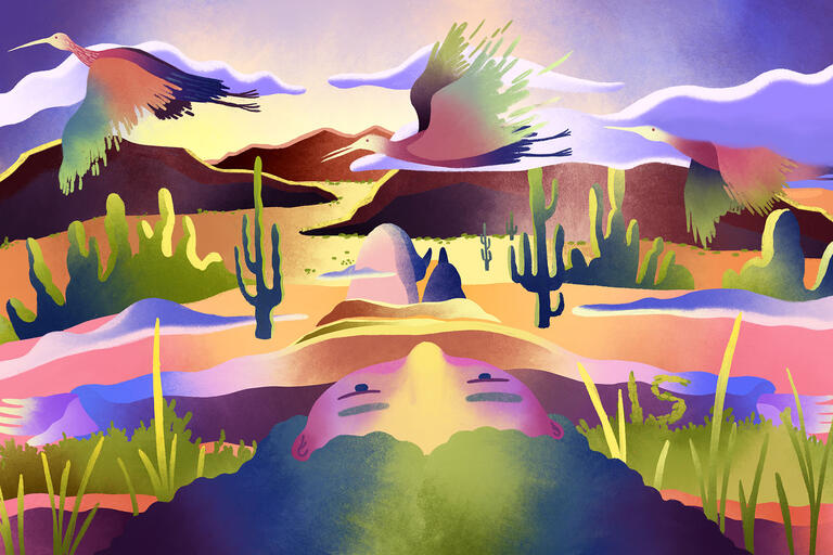 vibrantly colored artwork of desert scene