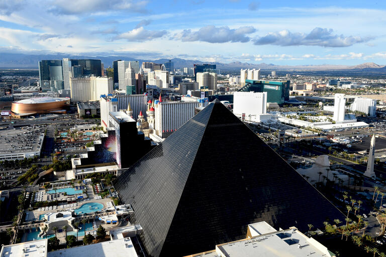 The black pyramid of the Luxor dominates a view north along the Las Vegas Strip