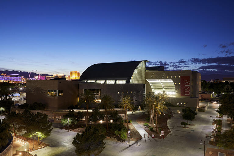 Library building at dusk with Las Vegas Strip in background
