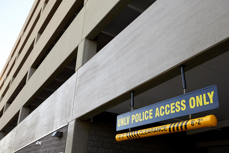 A sign shows an entranceway for UNLV Police Services