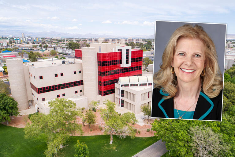 UNLV campus with portrait of woman inset