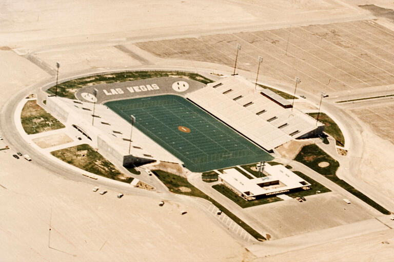 An aerial photo shows Sam Boyd Stadium in 1971.