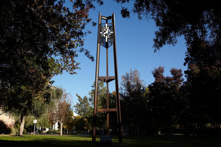 Low angle view of the watch tower sculpture on the UNLV campus.
