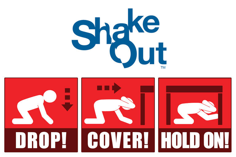 graphic with Drop, Cover and Hold On instructions for earthquakes
