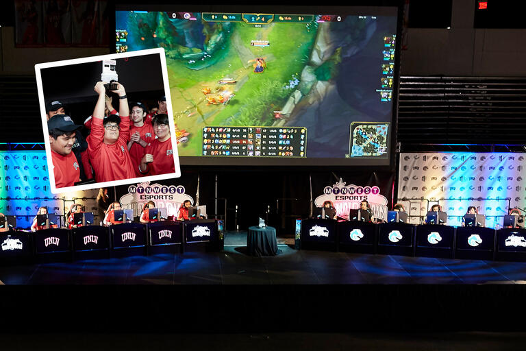Two photos showing esports co-founder Milo Ocampo raising the championship trophy above his head surrounded by teammates as well as a stage with six computers on each side battling it out in League of Legends.