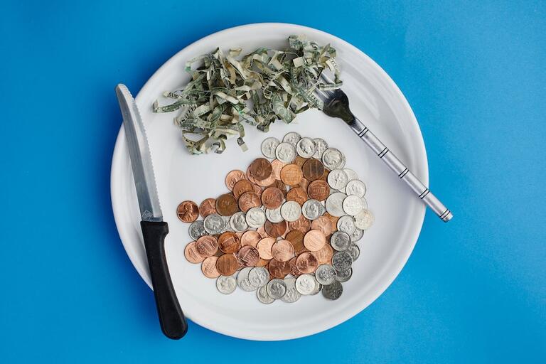 A plate of dollar bills shedded and coins with a knife and fork