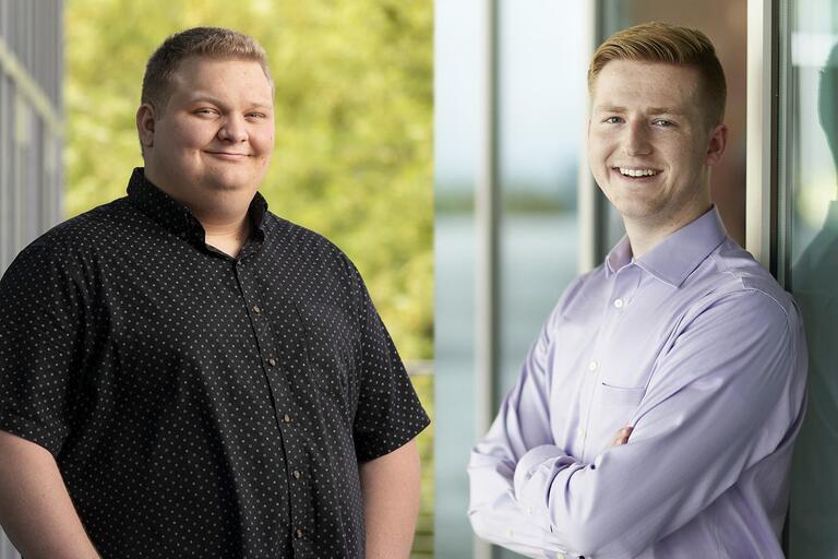 side by side photos of male students standing outdoors