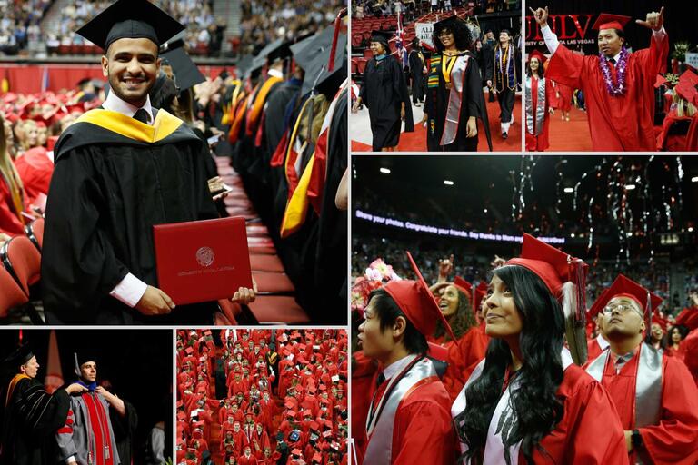 A collage of five photos. From top left: A master's student in a black cap and gown a master's student cheering during the processional; an undergrad student in a red cap and gown waving his arms in the air after crossing the stage; an undergrad student with confetti in the background; an aerial view of red cap and gowns walking down the center ailse; a Ph.D. student being hooded on the stage.