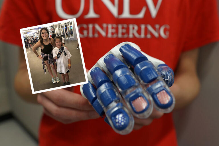 A collage of images showing a snapshot of Hailey posing with a UNLV alumna as well as a close-up shot of a blue 3D printed hand held by a student in a red UNLV Engineering t-shirt.