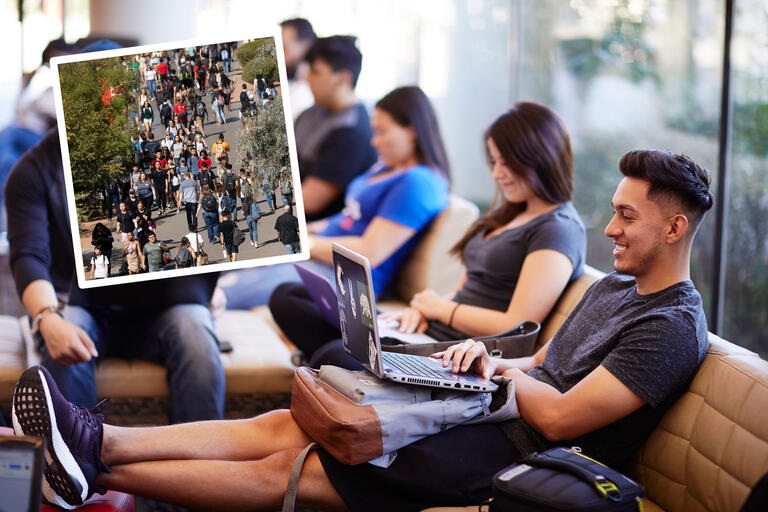 A collage of photos. One photo showcases a student using his laptop on a couch surrounded by other students. Another photo shows tens of students walking down a tree-lined campus sidewalk.