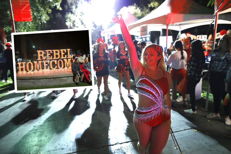 A collage of photos. One photo shows letters with light-bulbs that say Rebel Homecoming with two students and a mascot in front of the letters. The other image shows cheerleaders marching in a parade led by a baton twirler.
