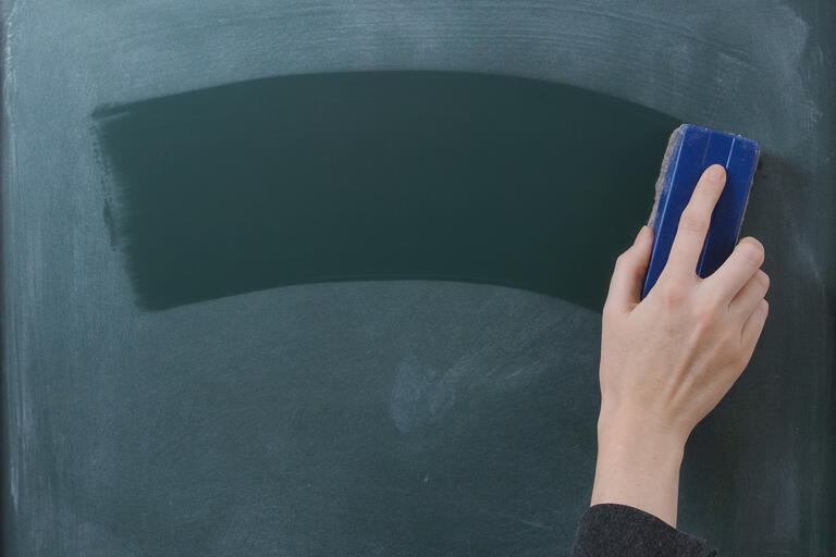 Closeup of hand cleaing a green chalkboard with wet eraser.