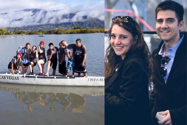 collage of group in canoe on lake and couple smiling