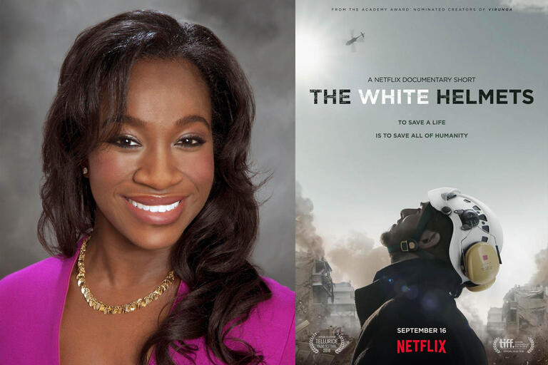 portrait of woman and poster for White Helmets movie