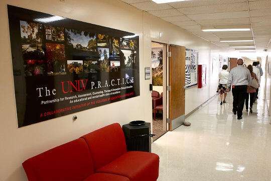 Hallway with The Practice sign