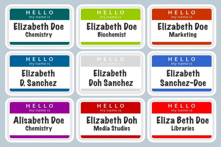illustration of name tags with variations on the name "Jane Doe"
