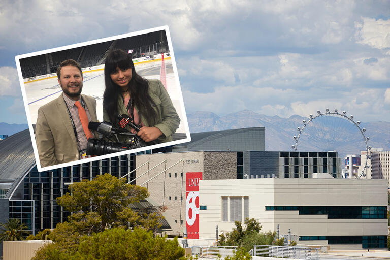 A collage of images showing a student and faculty at a hockey arena as well as the UNLV and Las Vegas skyline on a cloudy day.