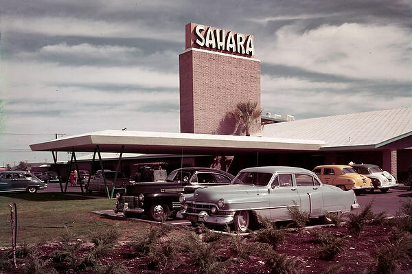 Old Sahara on the Vegas Strip sometime in the mid-1950s with cars lined up in parking lot.
