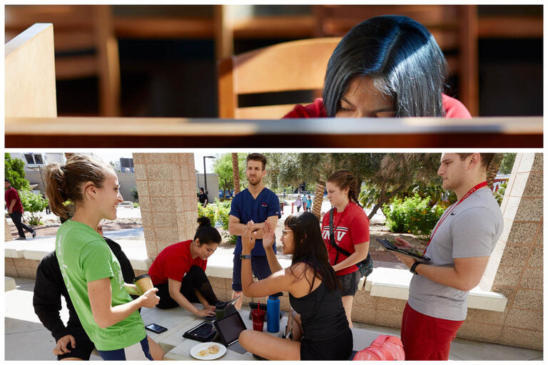 collage of one student studying and group of students