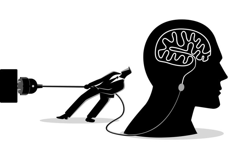 Concept illustration of a businessman trying to unplug the brain, sabotage, killing creativity