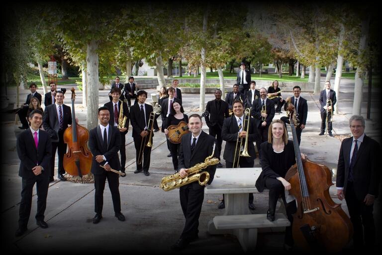 Jazz students pose with their instruments on campus