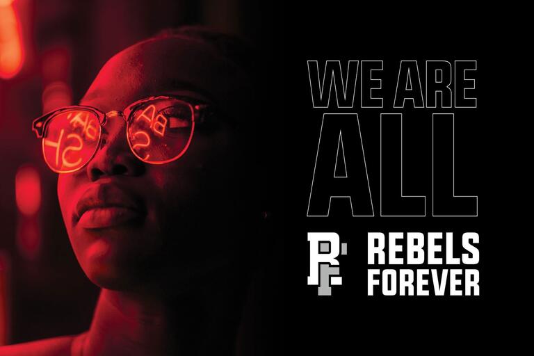 Girl with sunglass and the Rebels Forever logo