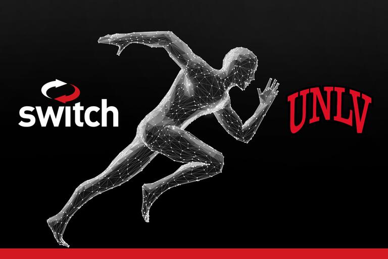 computer-generated man running with switch and U-N-L-V logos on either side