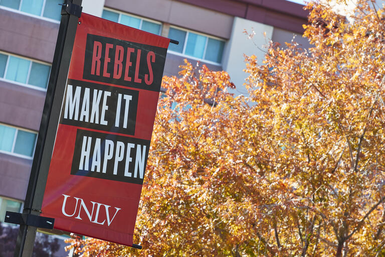 Image of outdoor pole sign with words "Rebels Make it Happen"