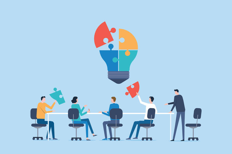 illustration group of business people adding colorful puzzle pieces to a lightbulb (idea)