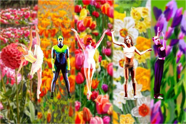 photo illustration of people in dance poses with flowers